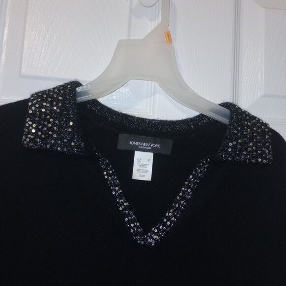 Jones New York 100% Cashmere Women Cardigan Sweater M Black Preppy Sequins - Picture 2 of 4